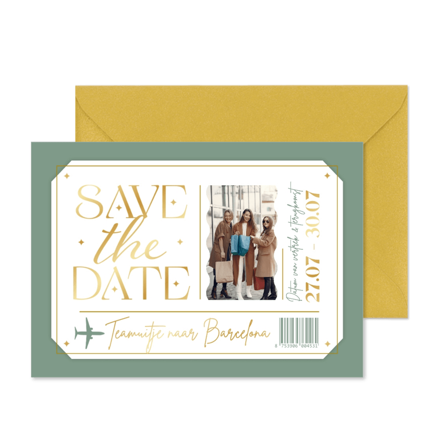 Save the date ticket bedrijfsuitje buitenland uitnodiging - Kaartimpressie