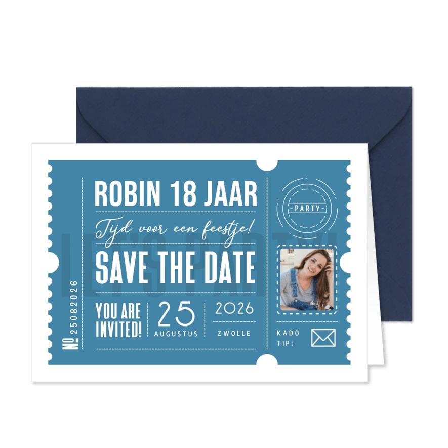 Save the date ticket modern grafisch verjaardag feestje foto - Kaartimpressie