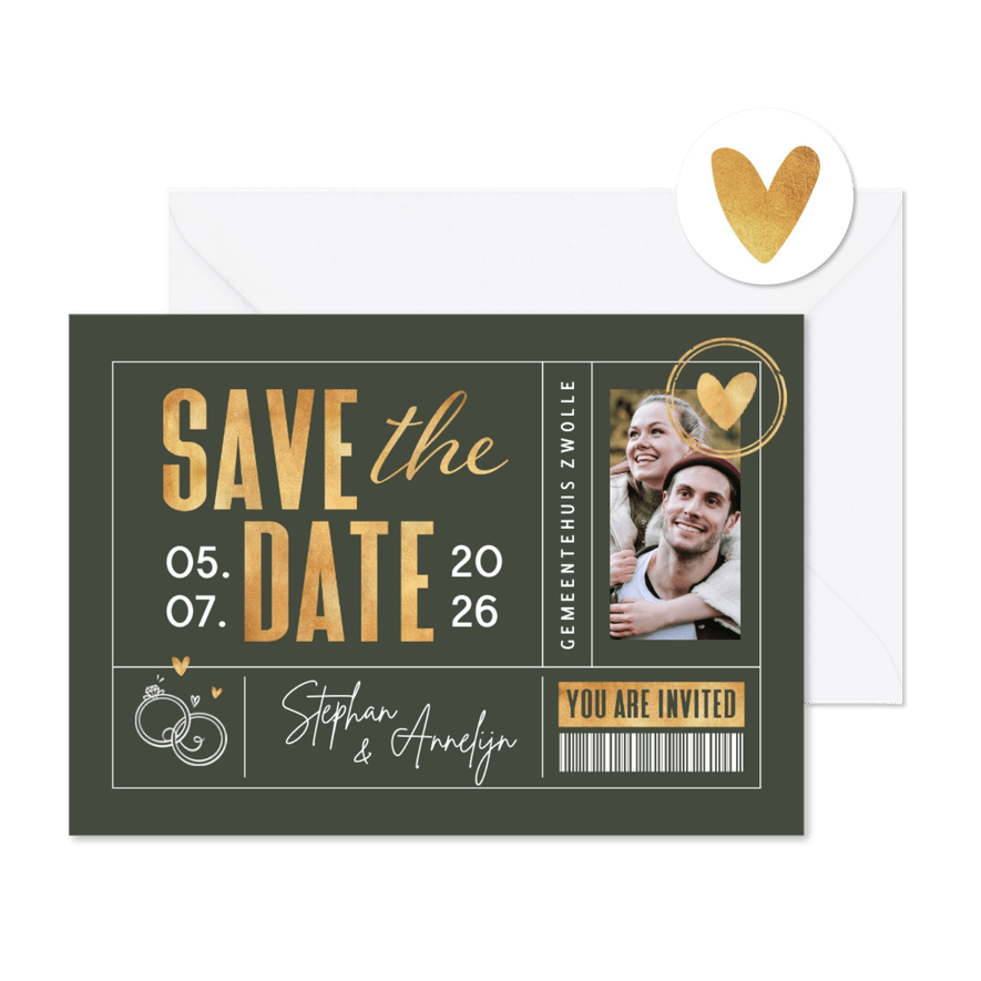Save the date ticket trouwkaart hartje ringen goud - Kaartimpressie