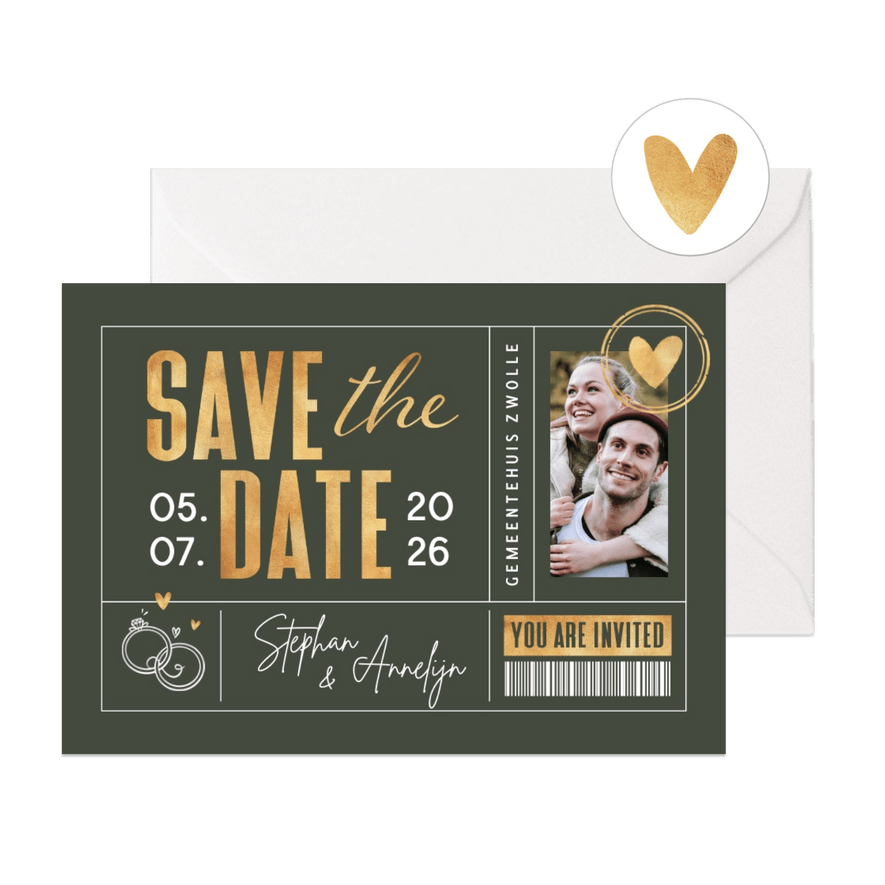 Save the date ticket trouwkaart hartje ringen goud  - Kaartimpressie