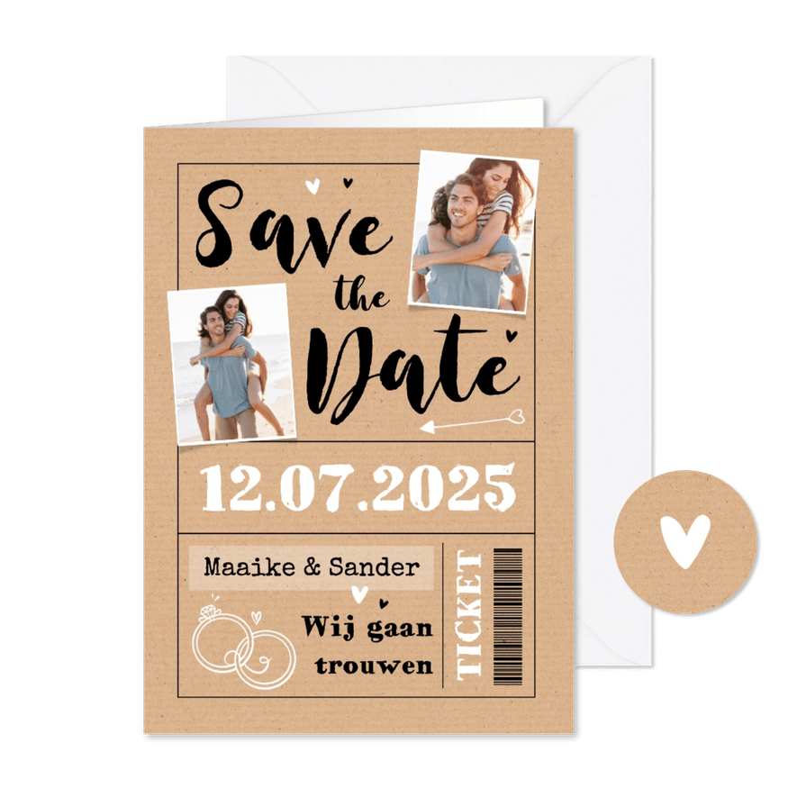 Save the date ticket trouwkaart uitnodiging foto kraft - Kaartimpressie