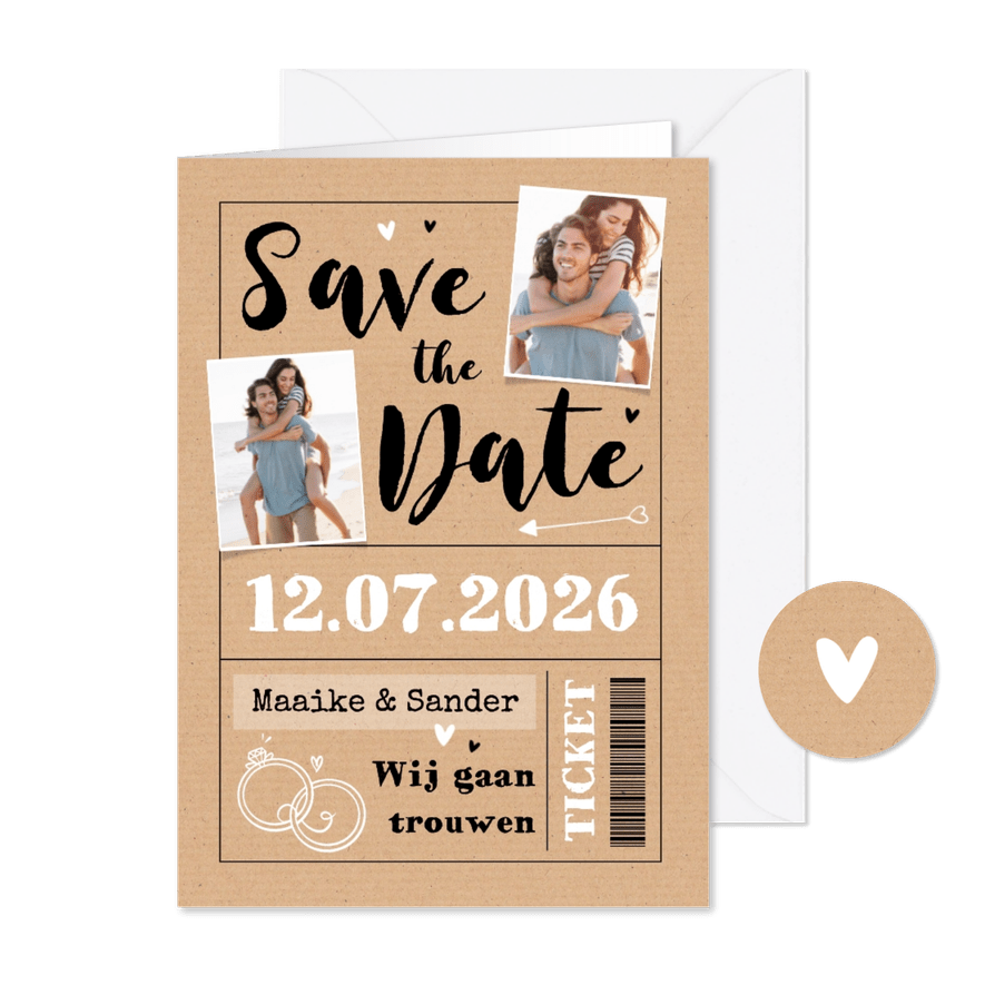  Save the date ticket trouwkaart uitnodiging foto kraft - Kaartimpressie