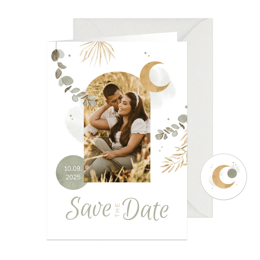 Save the date trouwkaart Arabisch eucalyptus maan goud foto - Kaartimpressie