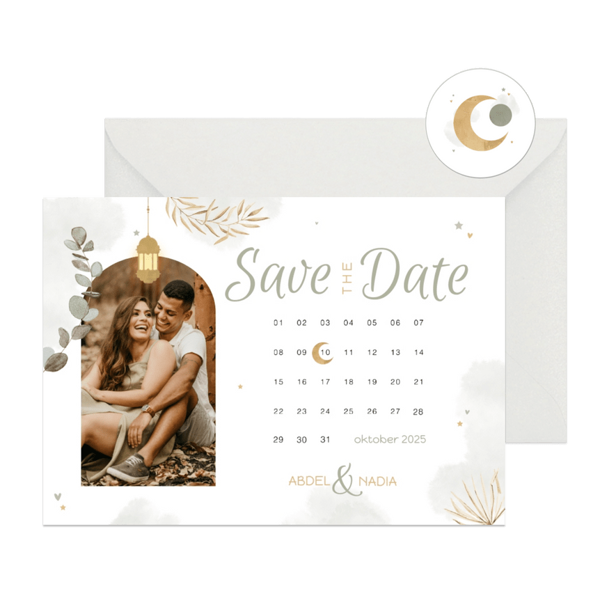 Save the date Trouwkaart Arabisch kalender eucalyptus maan - Kaartimpressie