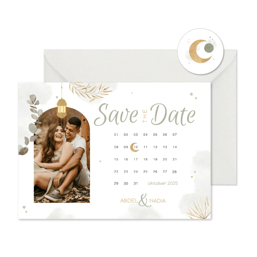 Save the date Trouwkaart Arabisch kalender eucalyptus maan - Kaartimpressie