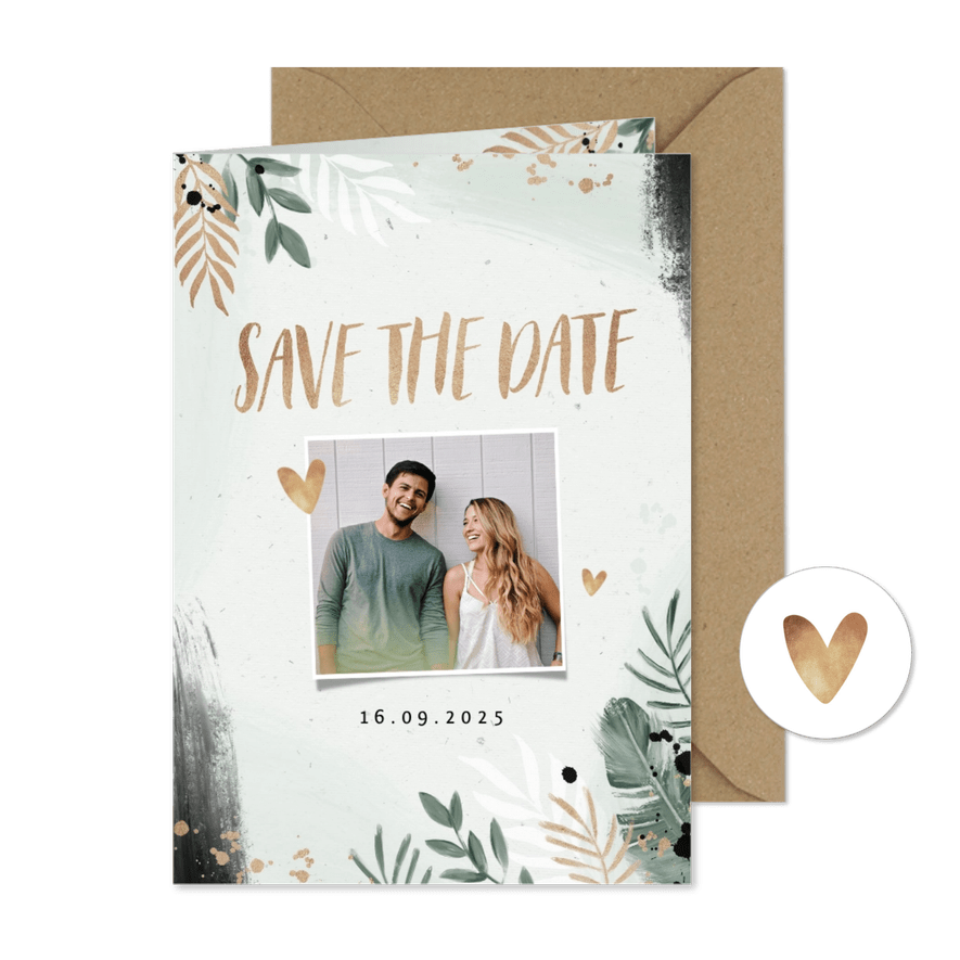Save the date trouwkaart botanisch goud waterverf - Kaartimpressie