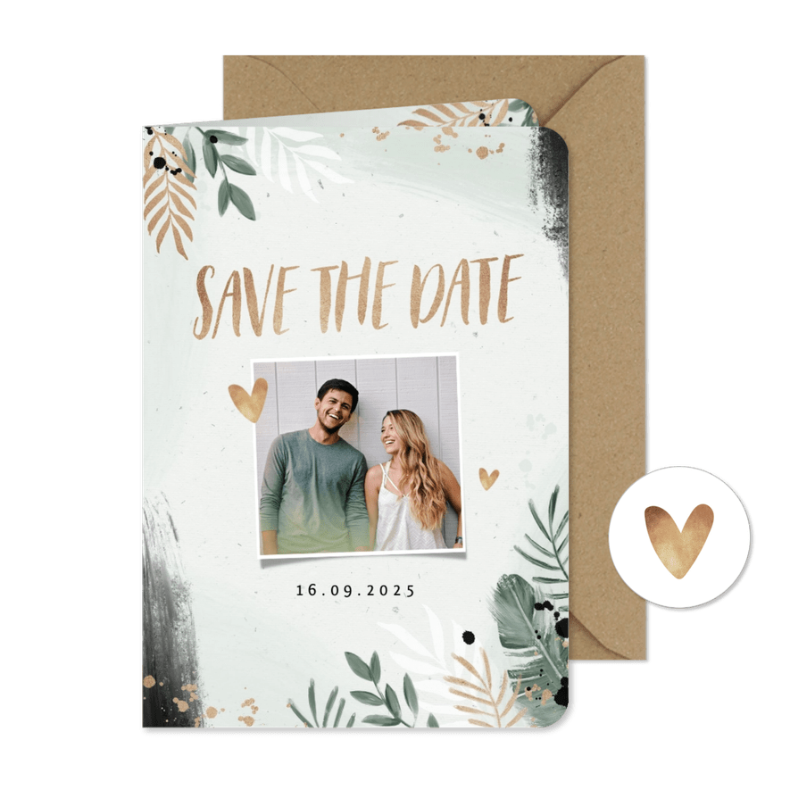 Save the date trouwkaart botanisch goud waterverf - Kaartimpressie
