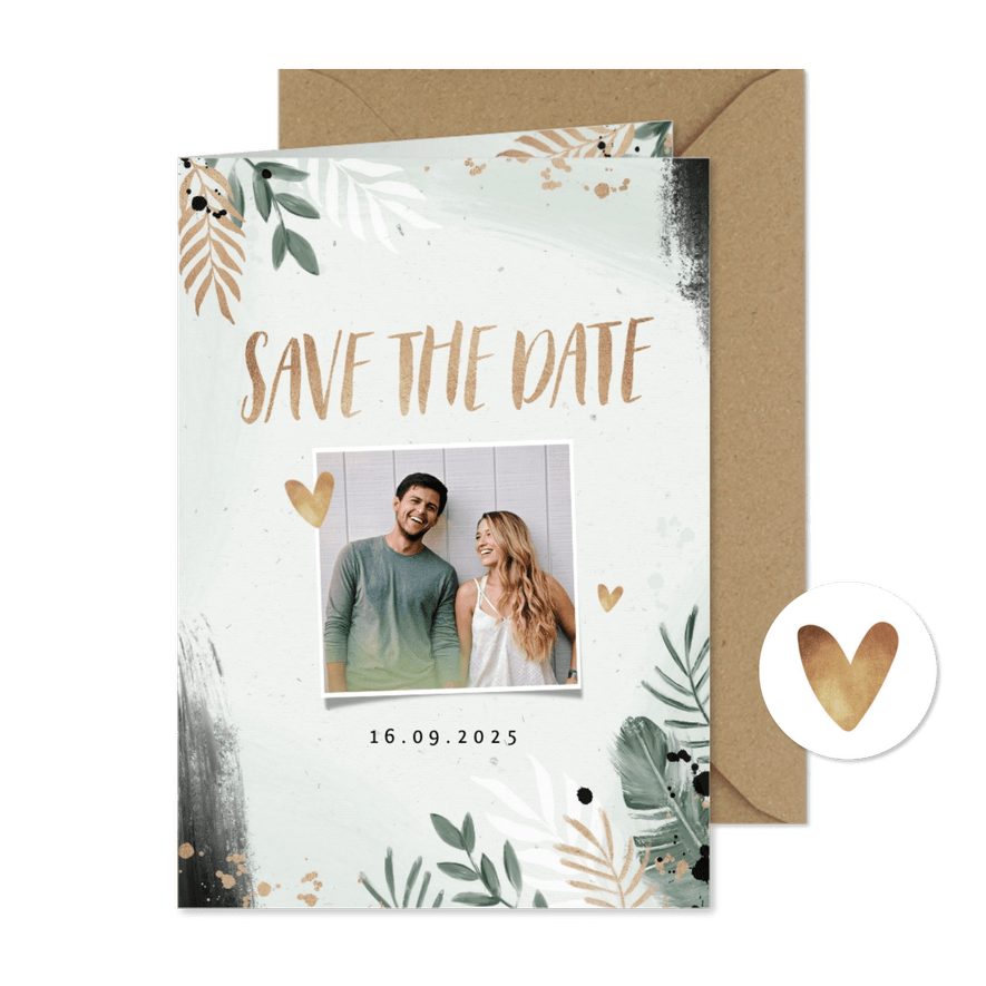 Save the date trouwkaart botanisch goud waterverf - Kaartimpressie