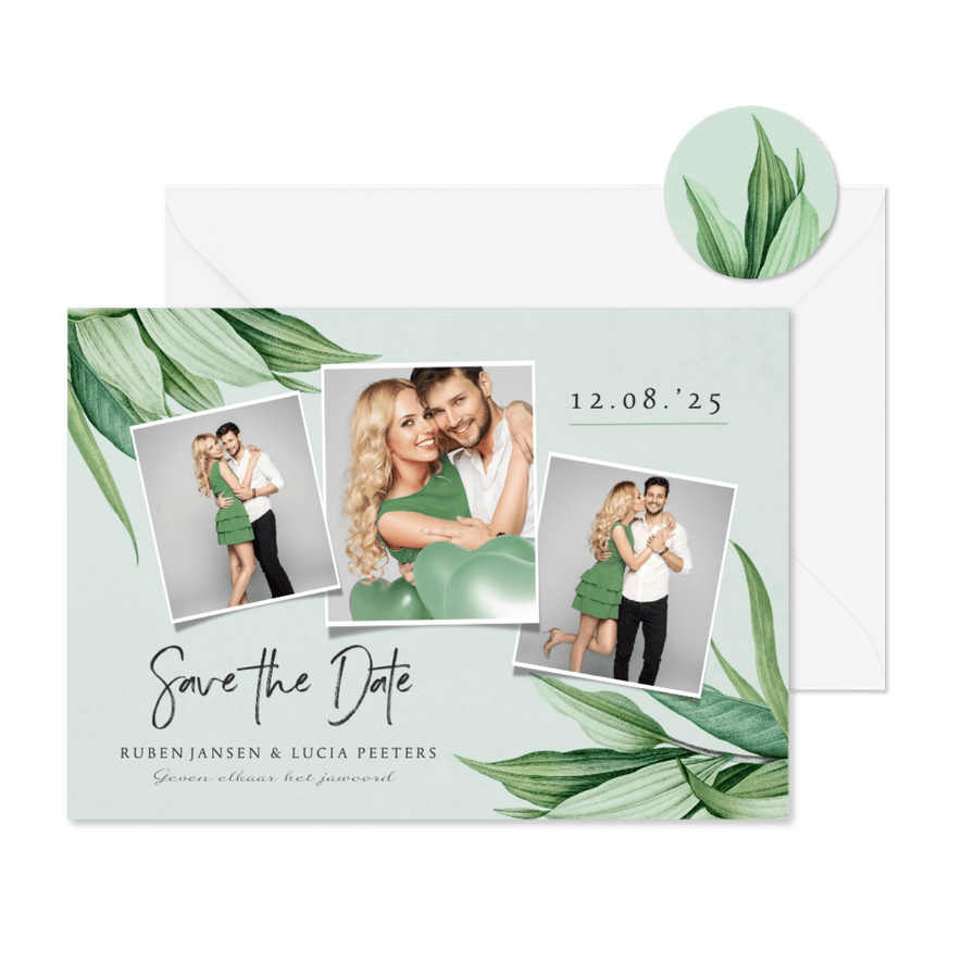 Save the date trouwkaart botanisch groen bladeren stijlvol - Kaartimpressie