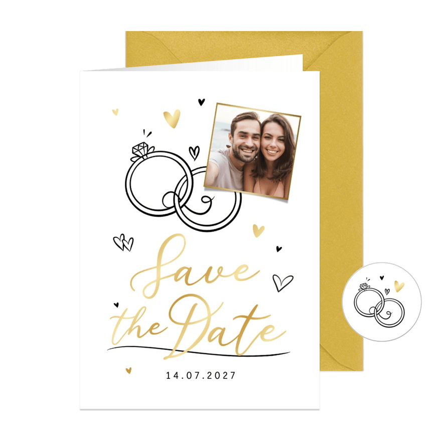 Save the date trouwkaart doodle timeline illustratie hartjes - Kaartimpressie