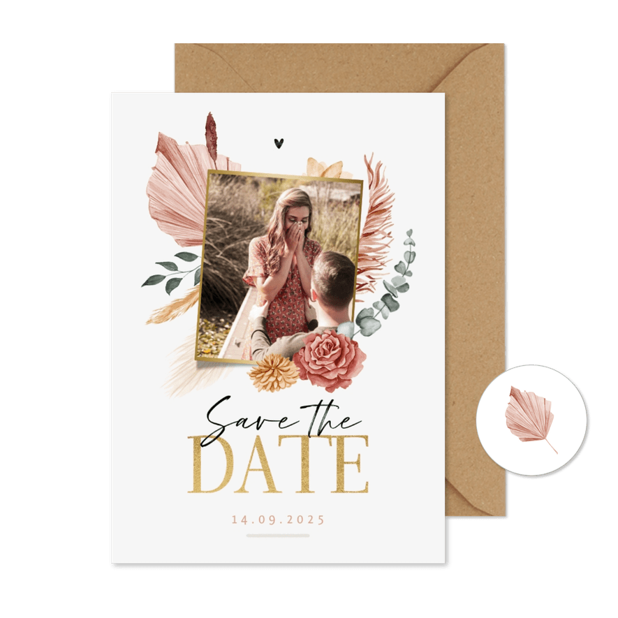 Save the date trouwkaart droogbloemen bohemian stijlvol foto - Kaartimpressie