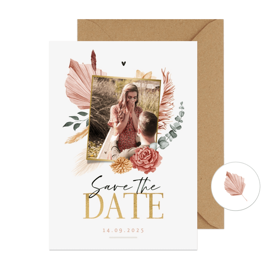 Save the date trouwkaart droogbloemen bohemian stijlvol foto - Kaartimpressie