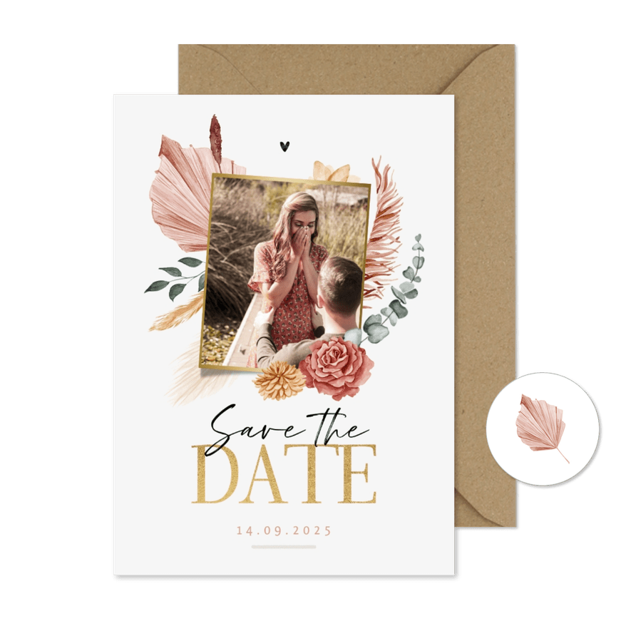 Save the date trouwkaart droogbloemen bohemian stijlvol foto - Kaartimpressie