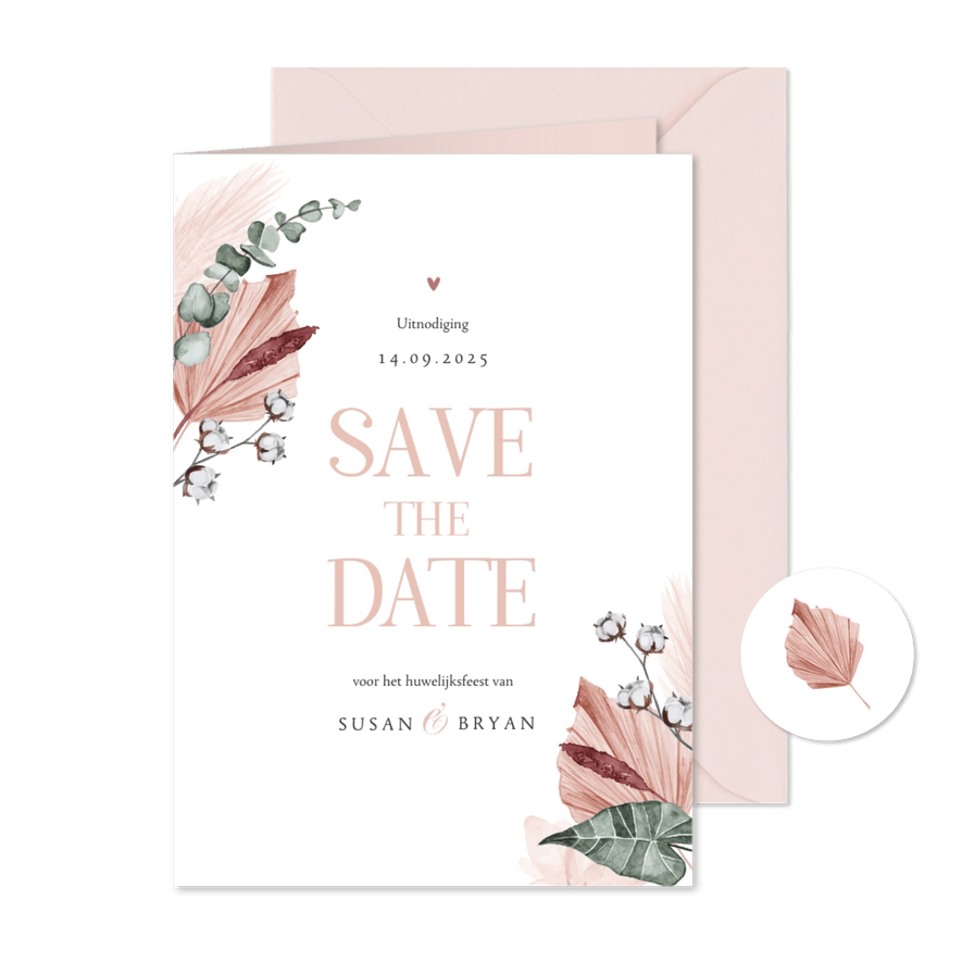 Save the date trouwkaart droogbloemen stijlvol klassiek foto - Kaartimpressie