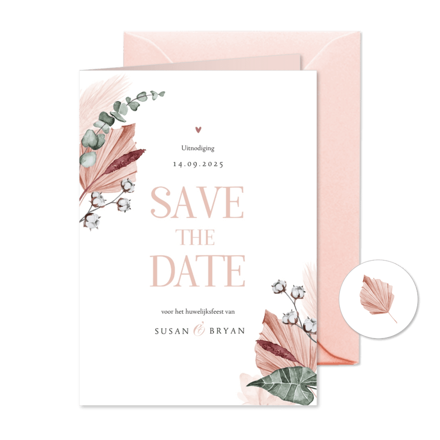 Save the date trouwkaart droogbloemen stijlvol klassiek foto - Kaartimpressie