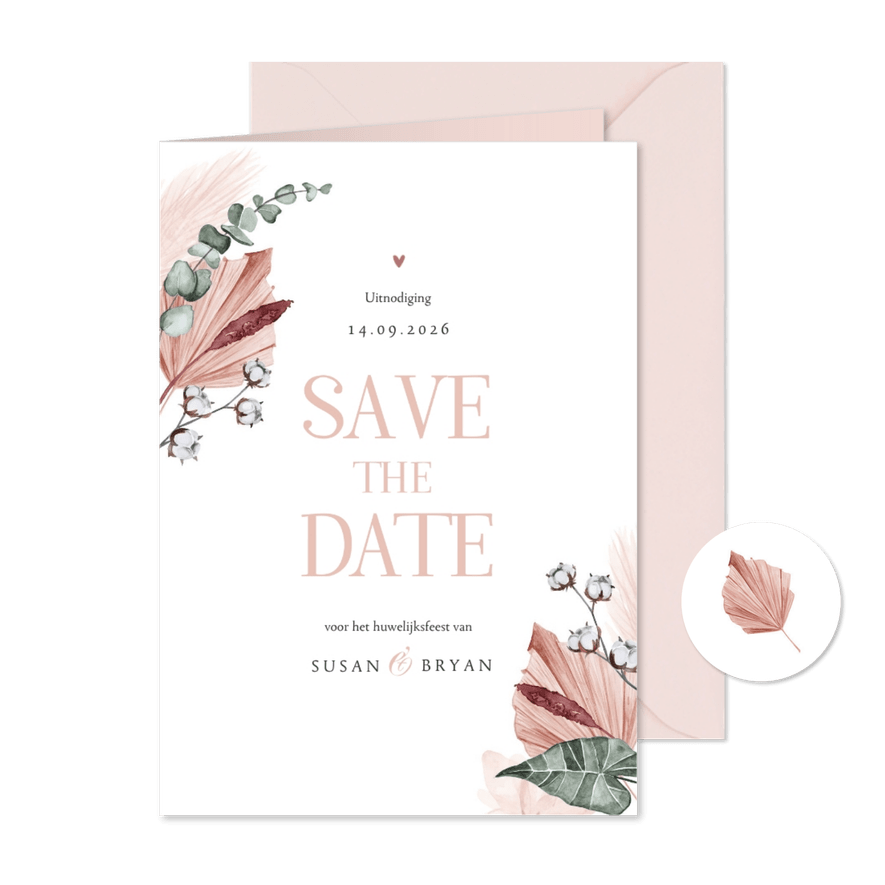 Save the date trouwkaart droogbloemen stijlvol klassiek foto - Kaartimpressie