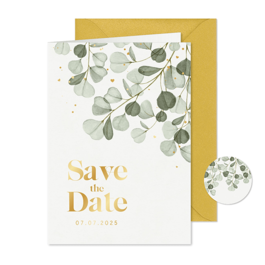 Save the date trouwkaart eucalyptus goud hartjes spetters - Kaartimpressie