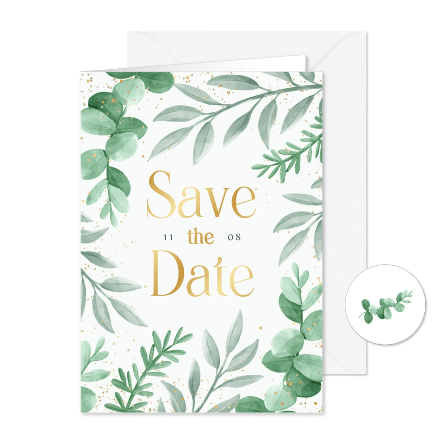 Save the date trouwkaart eucalyptus takjes botanisch goud - Kaartimpressie