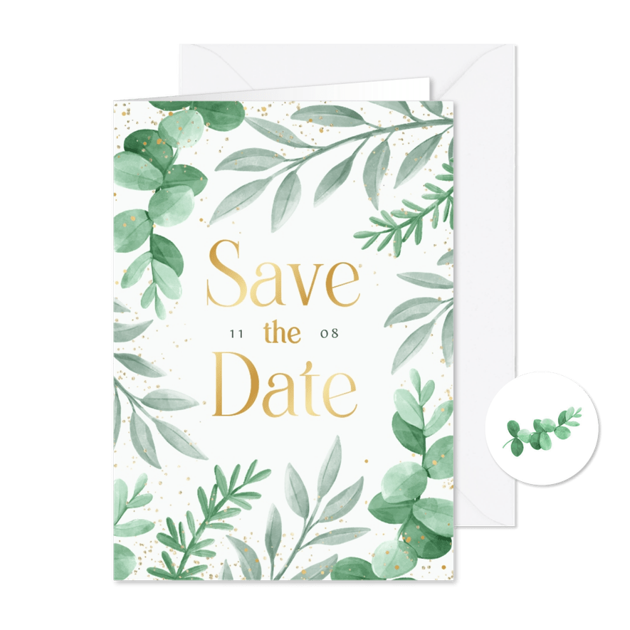 Save the date trouwkaart eucalyptus takjes botanisch goud - Kaartimpressie