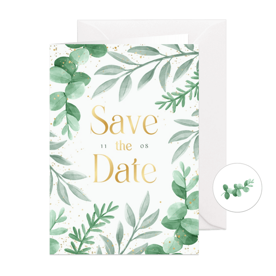 Save the date trouwkaart eucalyptus takjes botanisch goud  - Kaartimpressie