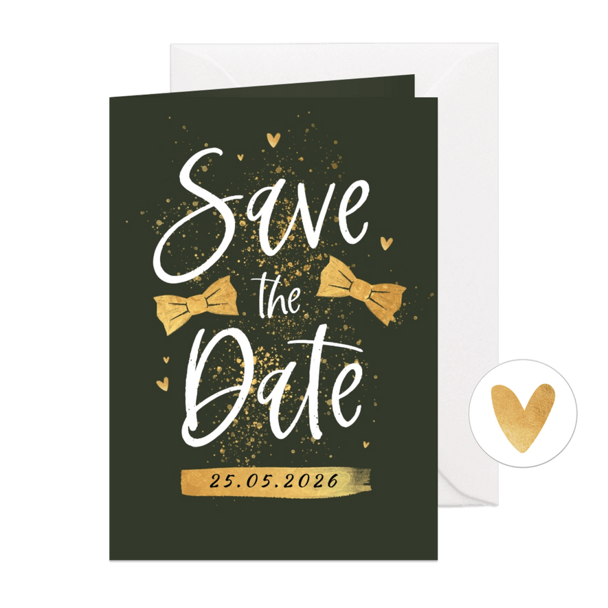 Save the date trouwkaart gay strikjes groom goud hartjes - Kaartimpressie