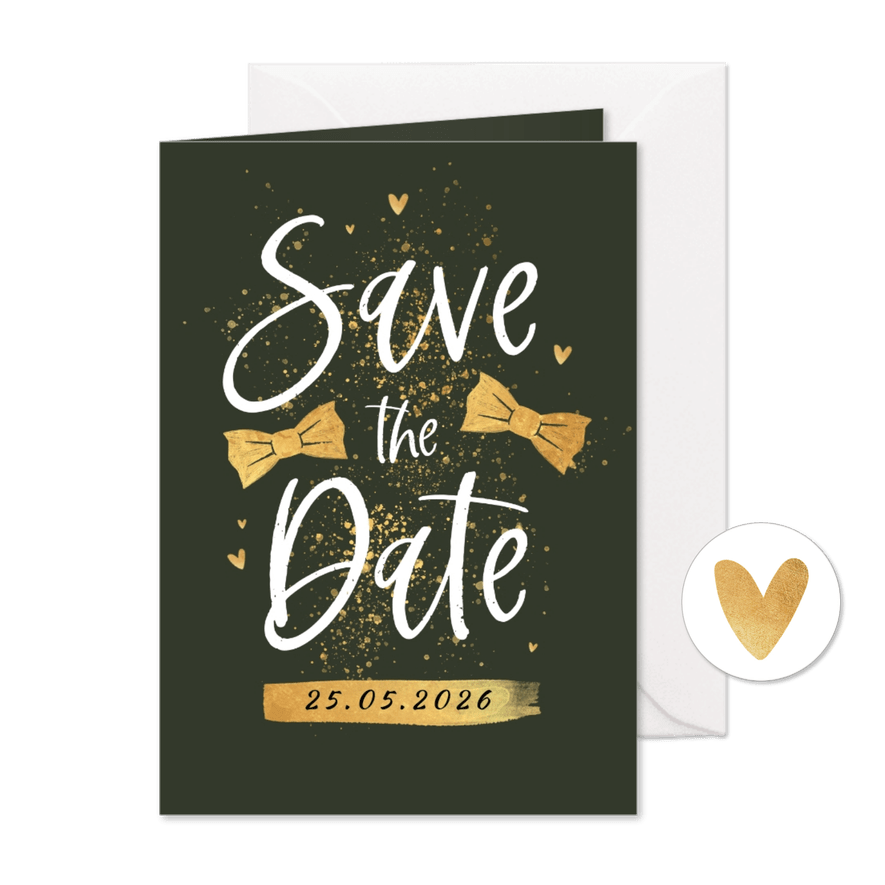 Save the date trouwkaart gay strikjes groom goud hartjes - Kaartimpressie