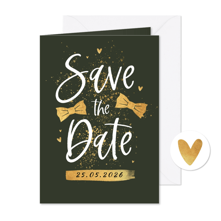 Save the date trouwkaart gay strikjes groom goud hartjes - Kaartimpressie