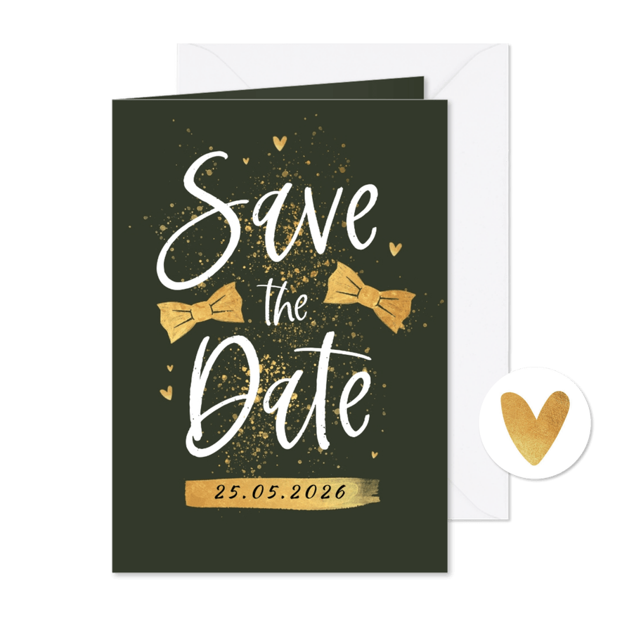 Save the date trouwkaart gay strikjes groom goud hartjes - Kaartimpressie