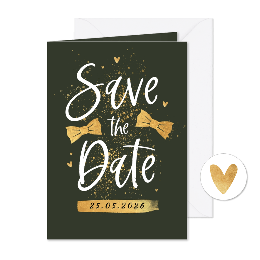 Save the date trouwkaart gay strikjes groom goud hartjes - Kaartimpressie