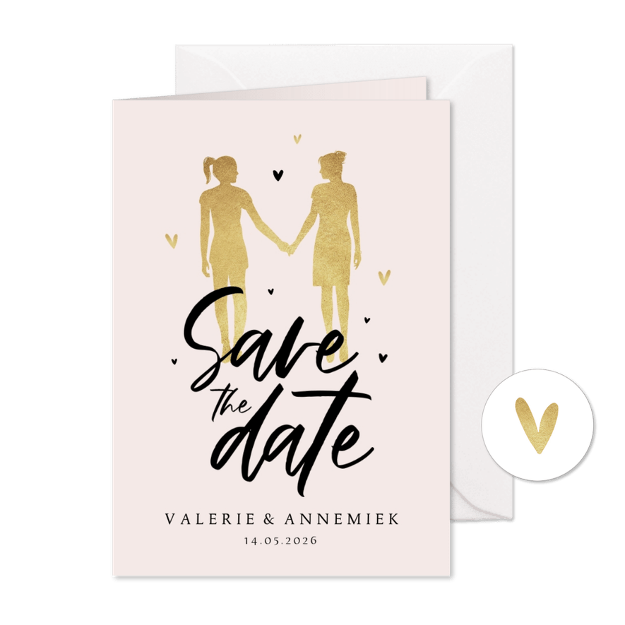 Save the date trouwkaart goud hartjes LGBTQ silhouetjes - Kaartimpressie