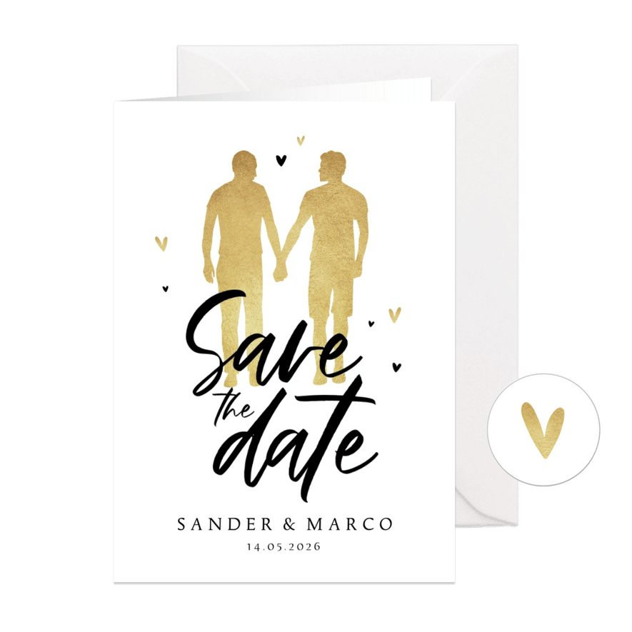 Save the date trouwkaart goud silhouet hartjes LGBTQ  - Kaartimpressie