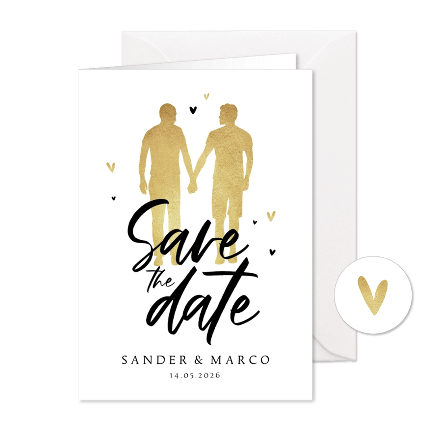 Save the date trouwkaart goud silhouet hartjes LGBTQ  - Kaartimpressie