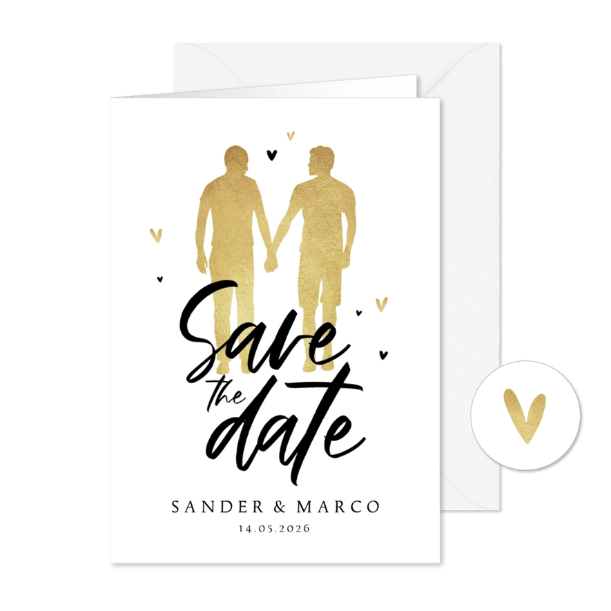 Save the date trouwkaart goud silhouet hartjes LGBTQ - Kaartimpressie