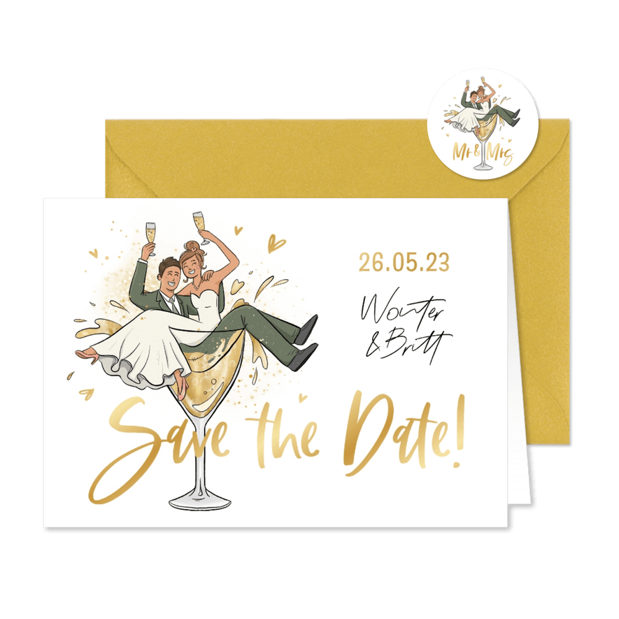 Save the date trouwkaart grappig bruidspaar cartoon - Kaartimpressie