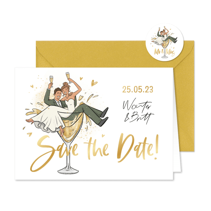 Save the date trouwkaart grappig bruidspaar cartoon - Kaartimpressie