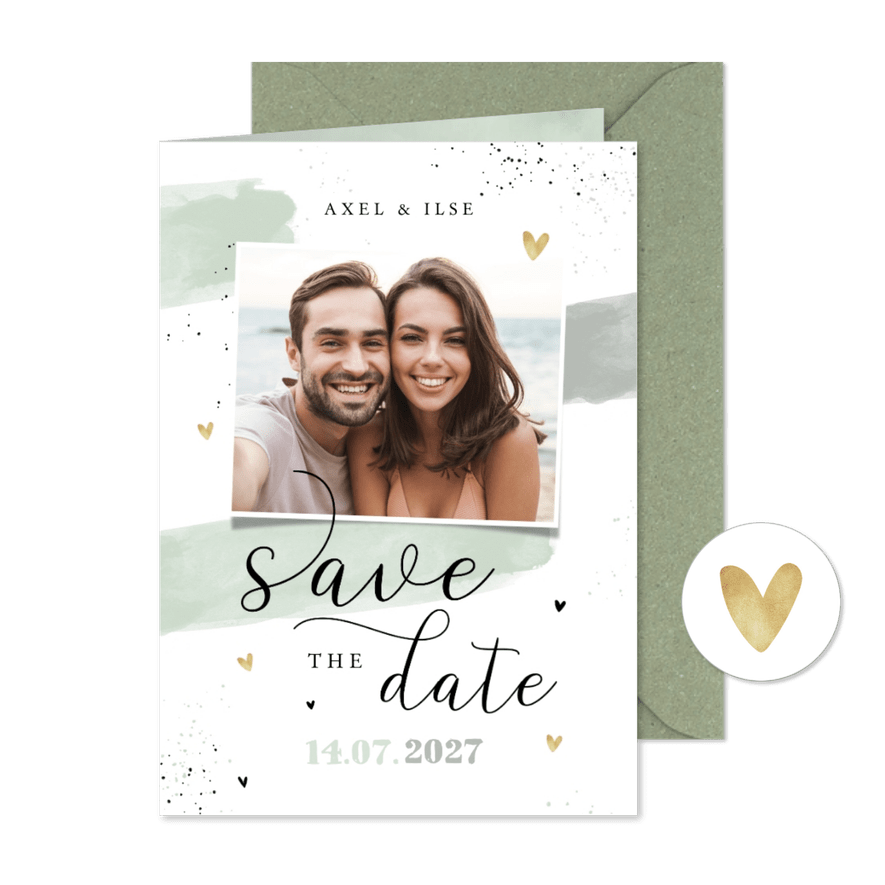 Save the date trouwkaart groen verf hartjes foto - Kaartimpressie