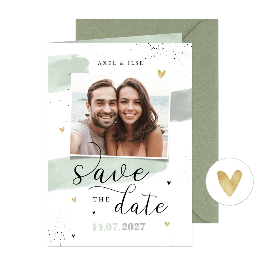 Save the date trouwkaart groen verf hartjes foto - Kaartimpressie