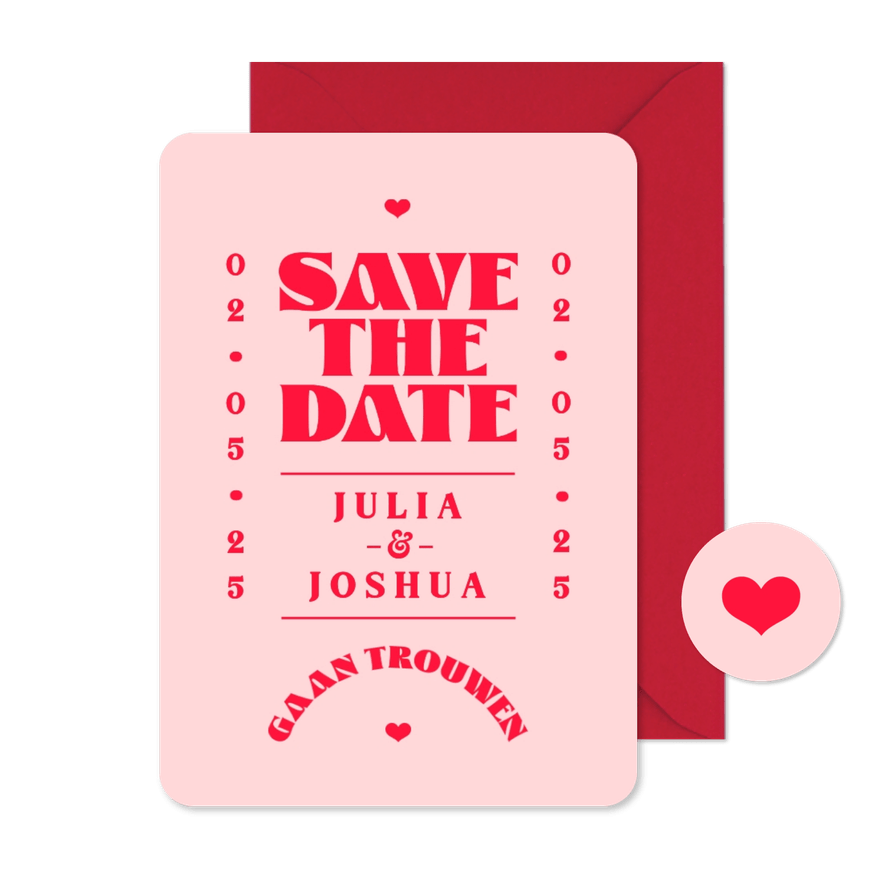 Save the date trouwkaart hip grafisch roze rood romantisch - Kaartimpressie