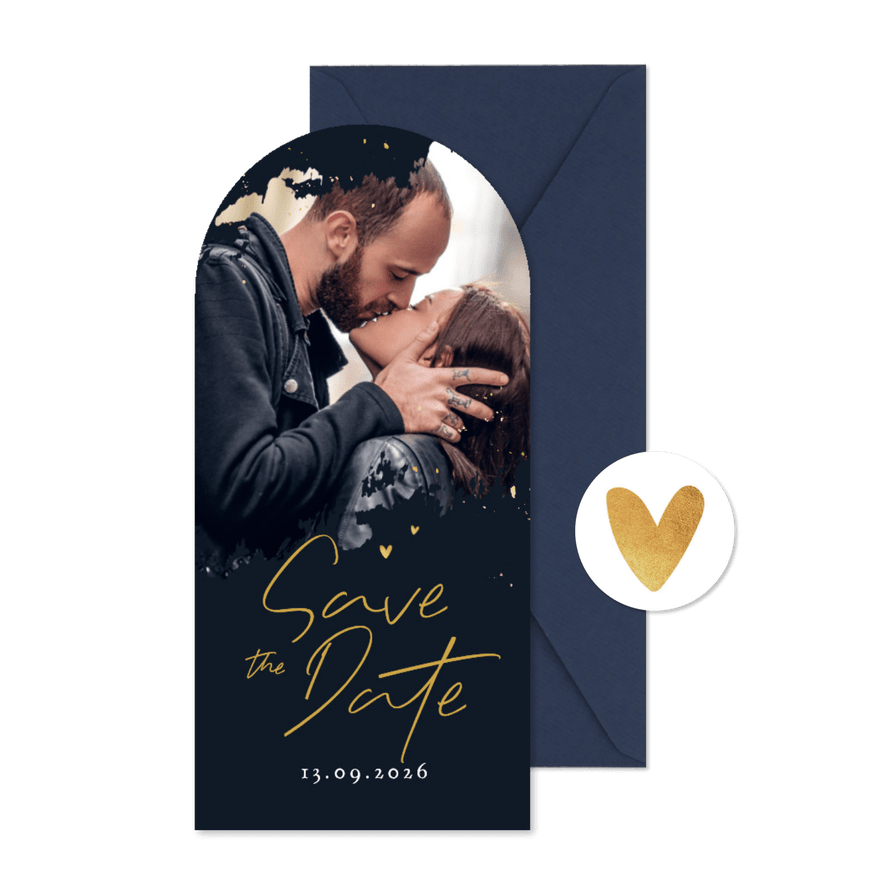 Save the date trouwkaart hoge boogkaart foto spetters goud - Kaartimpressie