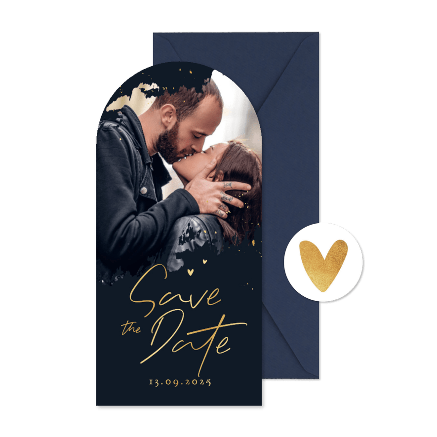 Save the date trouwkaart hoge boogkaart foto spetters goud - Kaartimpressie