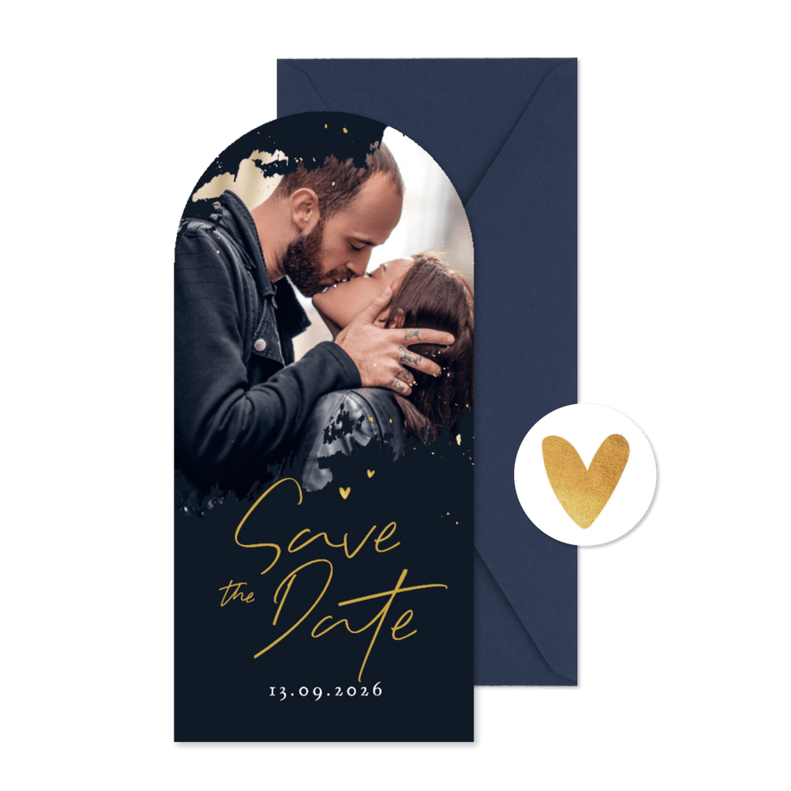 Save the date trouwkaart hoge boogkaart foto spetters goud - Kaartimpressie