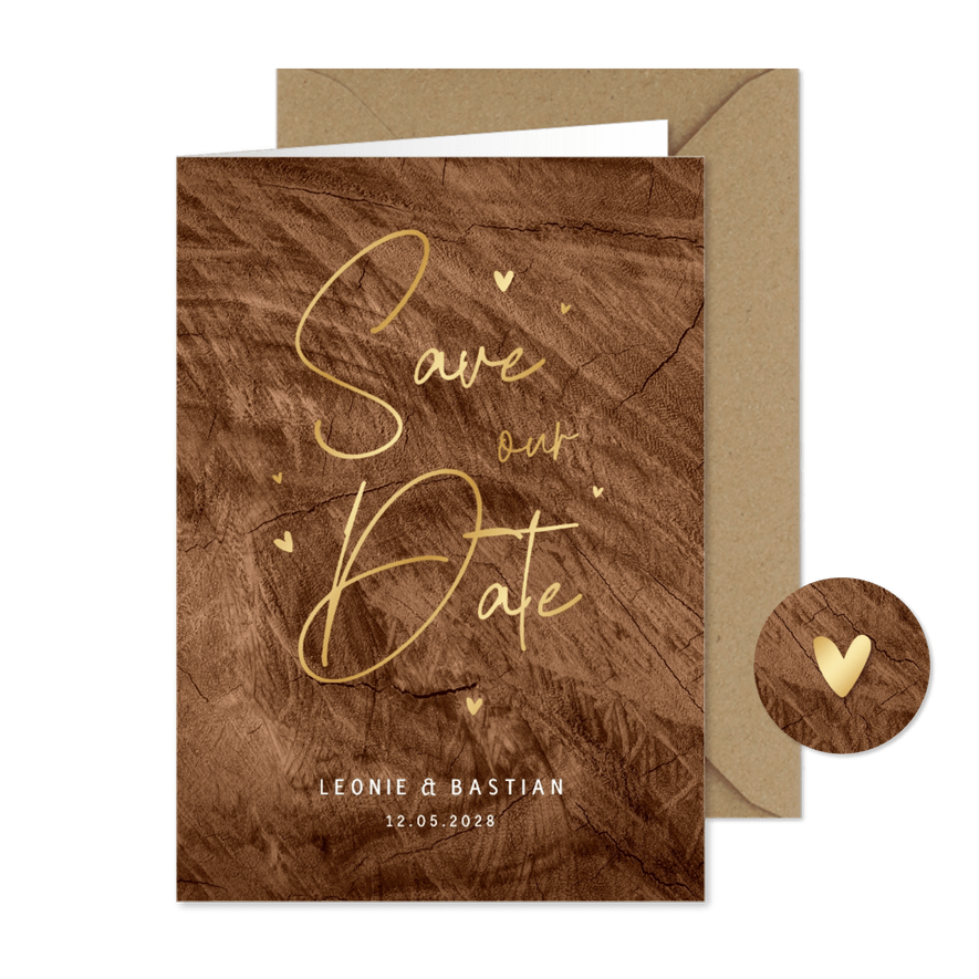 Save the date trouwkaart hout goud stijlvol hartjes - Kaartimpressie