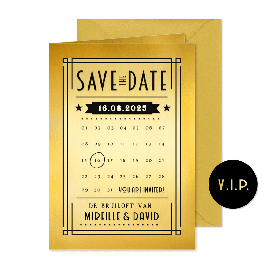 Save the Date trouwkaart in art-deco poster stijl - Kaartimpressie