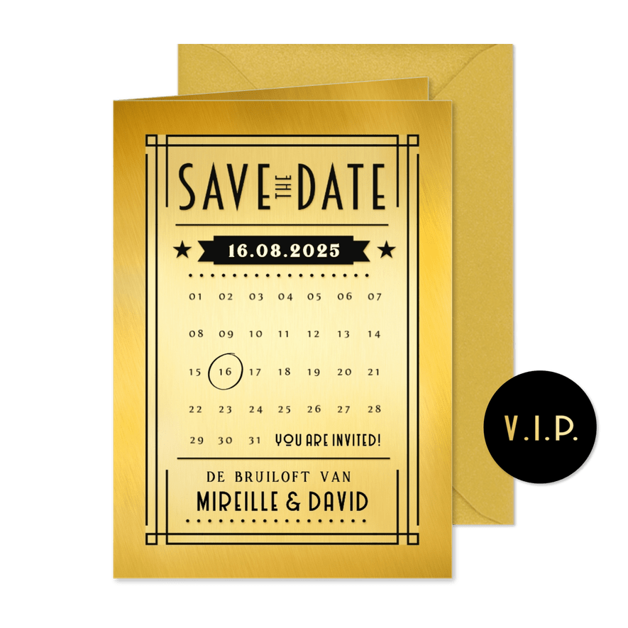 Save the Date trouwkaart in art-deco poster stijl - Kaartimpressie