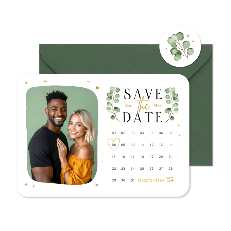 Save the date trouwkaart kalender eucalyptus foto hartjes - Kaartimpressie