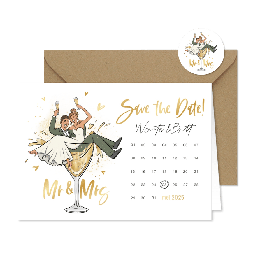 Save the date trouwkaart kalender grappig bruidspaar cartoon - Kaartimpressie
