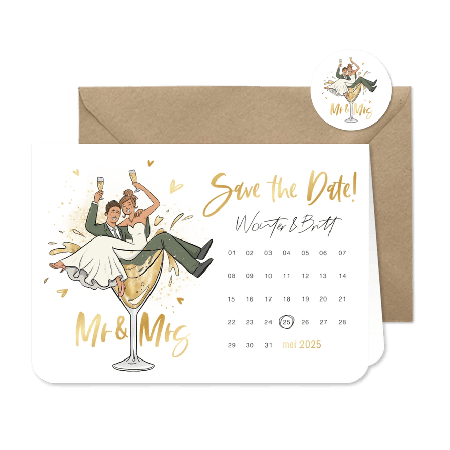 Save the date trouwkaart kalender grappig bruidspaar cartoon - Kaartimpressie