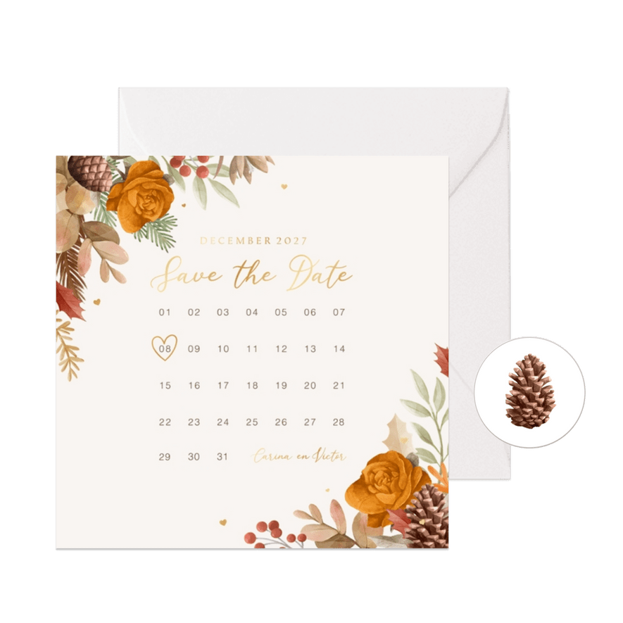 Save the date trouwkaart kalender herfst winter bloemen - Kaartimpressie