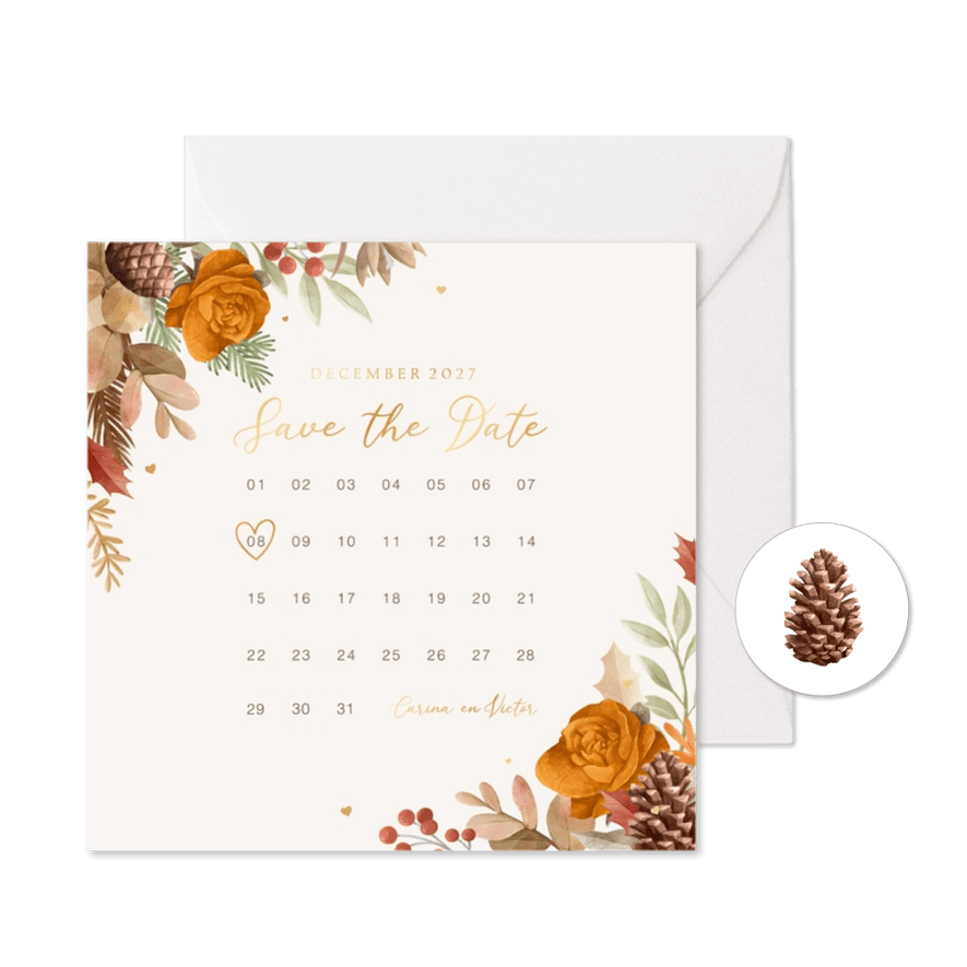 Save the date trouwkaart kalender herfst winter bloemen - Kaartimpressie