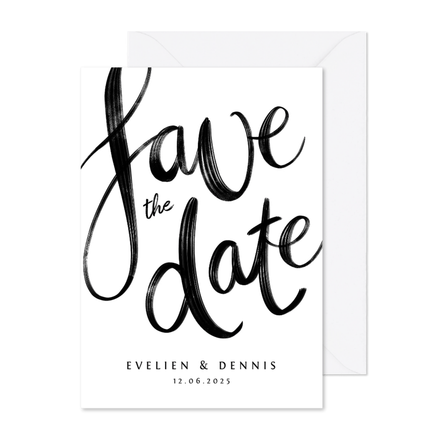 Save the date trouwkaart kalligrafie zwart wit - Kaartimpressie